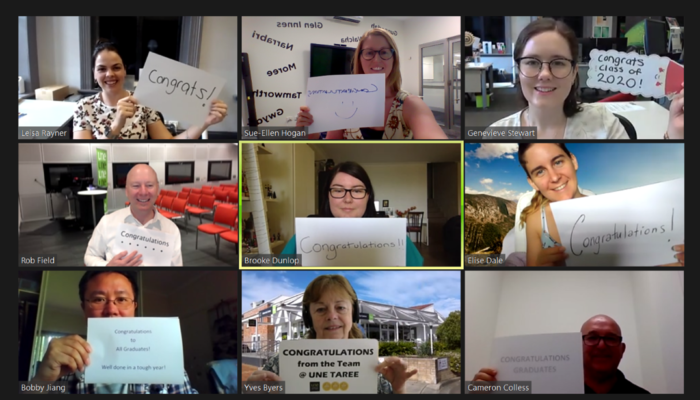 Congratulations To Graduates from the team at UNE Sydney, UNE Tamworth & UNE Taree - photo of all the team holding congrats messages on a Zoom call