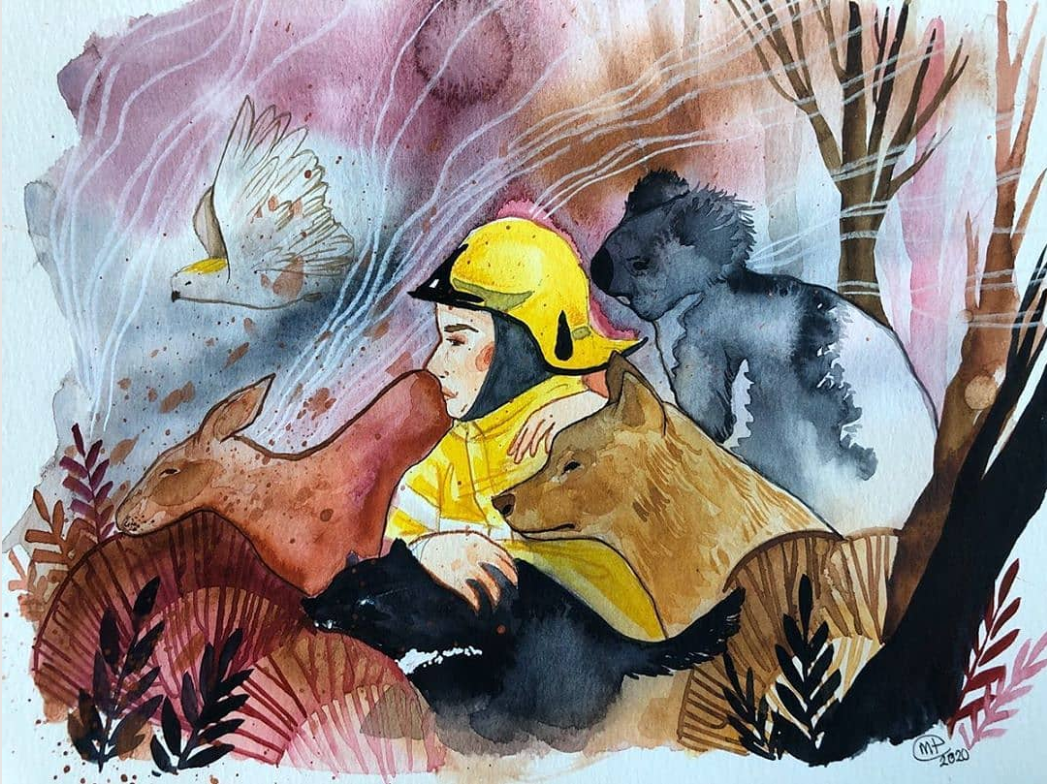 Illustration of Australian animals and a firefighter.