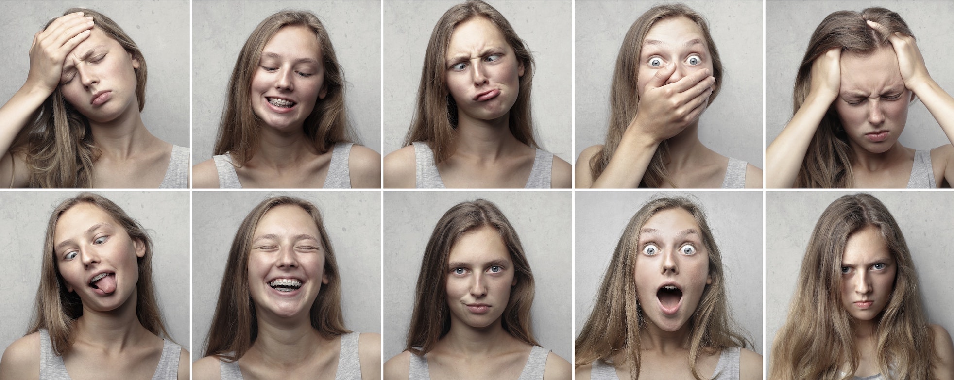 girl in series of small photos expressing different emotions