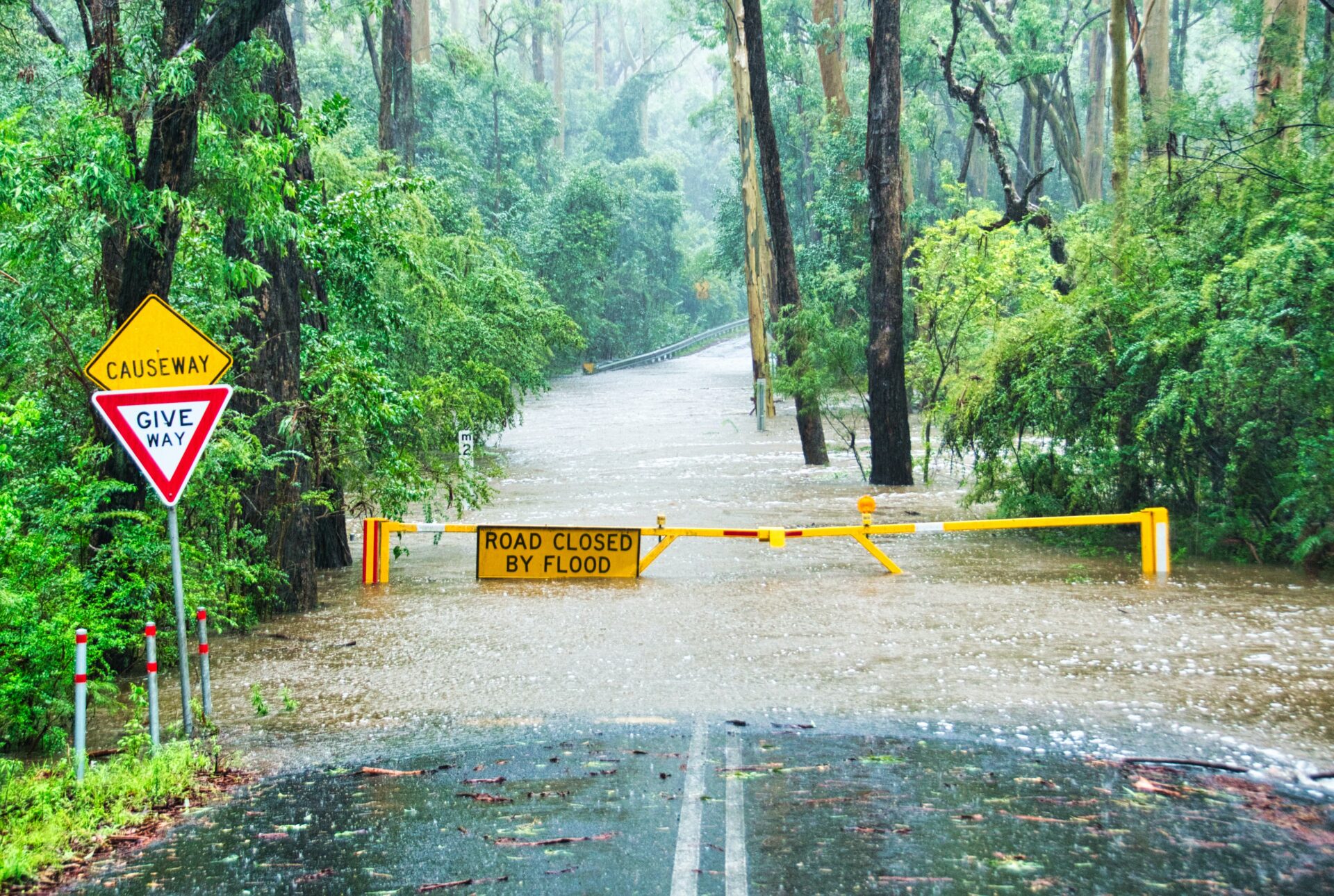 image of flood water over a road
